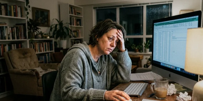 Persona con expresión de fatiga frente a una computadora en un ambiente doméstico
