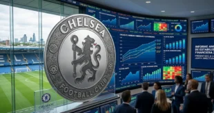 Escudo del Chelsea FC en Stamford Bridge con gráficos financieros de fondo