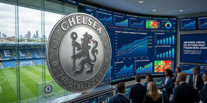 Escudo del Chelsea FC en Stamford Bridge con gráficos financieros de fondo