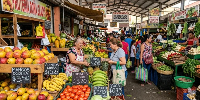 Mercado local con letreros de precios actualizados de frutas y verduras