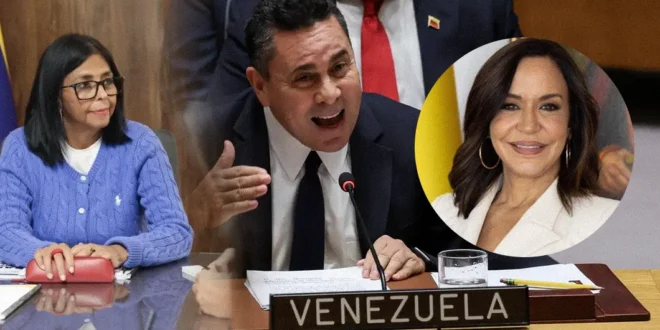 Delcy Rodríguez durante un anuncio oficial de cambios ministeriales en Venezuela