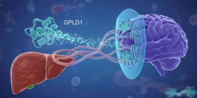 Representación científica de la proteína GPLD1 viajando del hígado al cerebro para fortalecer la barrera hematoencefálica.
