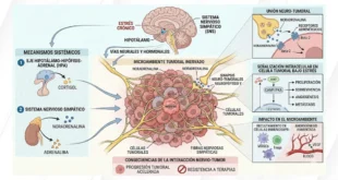Representación biológica de la conexión entre el sistema nervioso y las células tumorales bajo estrés crónico