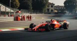 Monoplaza de Ferrari en el circuito de Monza durante pruebas técnicas de motor