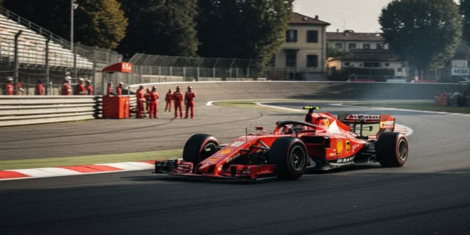Monoplaza de Ferrari en el circuito de Monza durante pruebas técnicas de motor