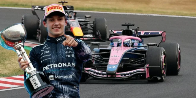 Andrea Kimi Antonelli celebrando en el podio del Gran Premio de Japón de Fórmula 1 junto a Mercedes.
