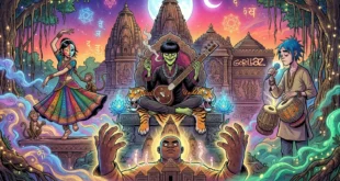 Ilustración de los personajes de Gorillaz en un entorno místico inspirado en la India