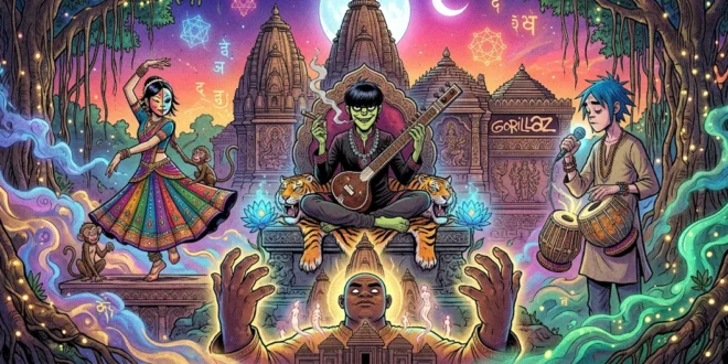 Ilustración de los personajes de Gorillaz en un entorno místico inspirado en la India