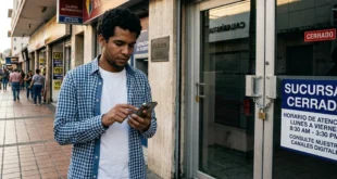 Persona utilizando banca móvil en un iPhone frente a una sucursal bancaria cerrada