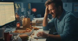 Trabajador estresado frente a un ordenador con comida rápida, ilustrando el riesgo de enfermedades crónicas