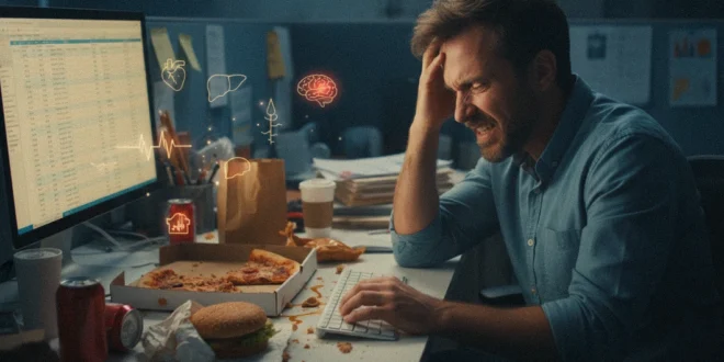 Trabajador estresado frente a un ordenador con comida rápida, ilustrando el riesgo de enfermedades crónicas