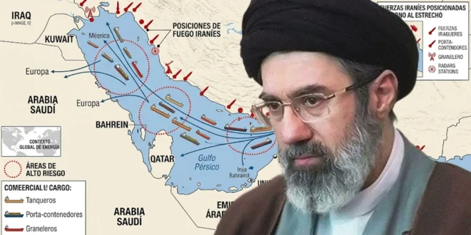 Mojtaba Jamenei y mapa del Estrecho de Ormuz con buques de carga y tensiones militares en la región