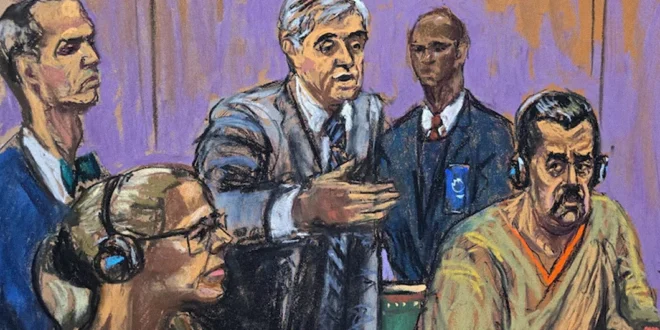 Caricatura de Nicolás Maduro en la corte federal de Nueva York frente al juez Alvin Hellerstein