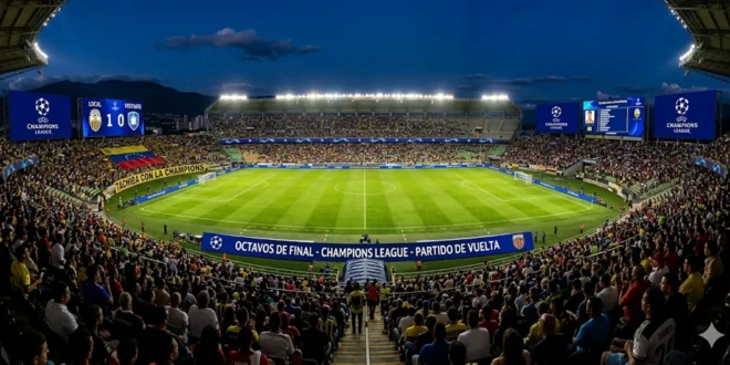 Estadio de fútbol iluminado para los octavos de final de la Champions League