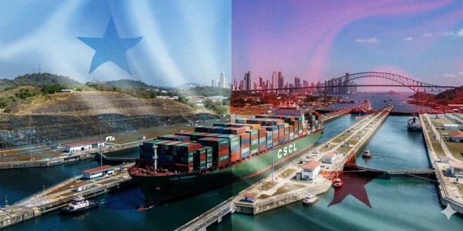 Barco portacontenedores transitando por el Canal de Panamá bajo cielo despejado