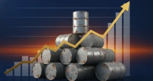 Gráfico financiero mostrando el alza del precio del petróleo Brent y barriles de crudo