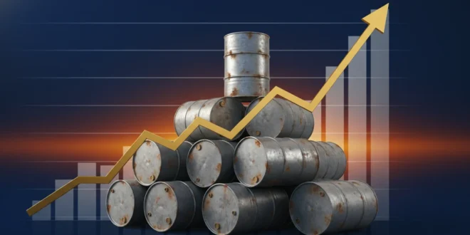 Gráfico financiero mostrando el alza del precio del petróleo Brent y barriles de crudo
