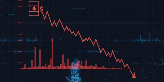 Gráfico financiero mostrando la caída del precio del petróleo WTI en el mercado de Texas