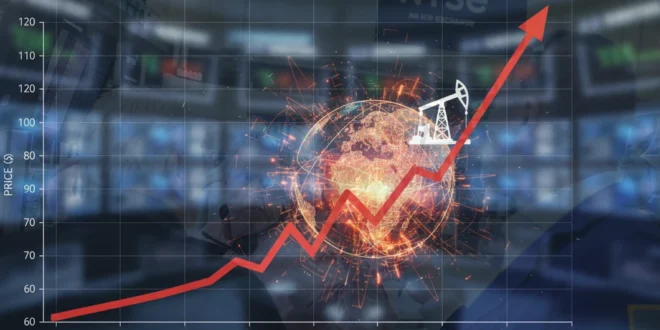 Gráfico financiero mostrando el aumento en los precios del petróleo por crisis geopolítica.