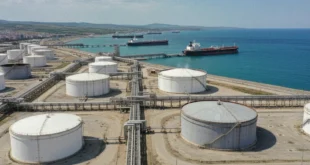Terminal petrolera en el puerto de Ceyhan, Turquía, con infraestructura de oleoductos