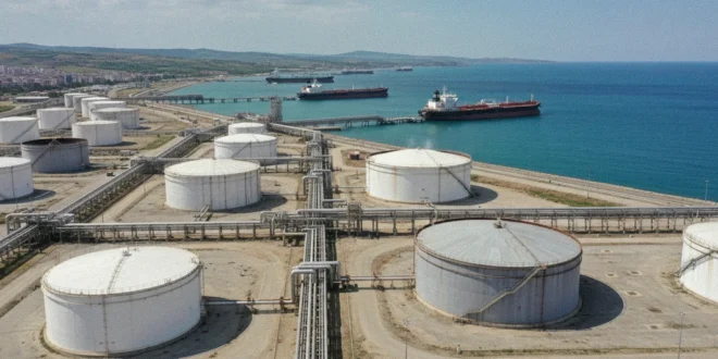 Terminal petrolera en el puerto de Ceyhan, Turquía, con infraestructura de oleoductos