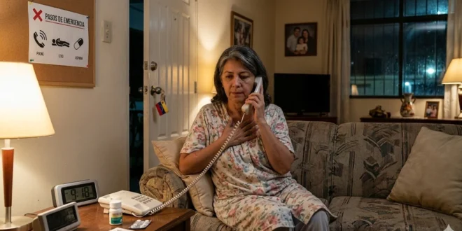 Persona siguiendo protocolo de emergencia por síntomas de infarto en su hogar