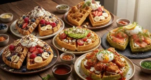 Selección de waffles gourmet dulces y salados con toppings frescos sobre una mesa de madera.