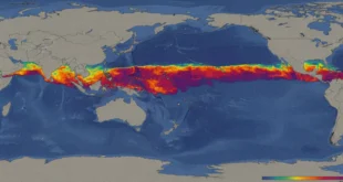 Mapa térmico del Océano Pacífico mostrando el calentamiento anómalo de las aguas ecuatoriales