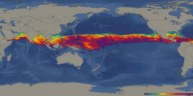 Mapa térmico del Océano Pacífico mostrando el calentamiento anómalo de las aguas ecuatoriales