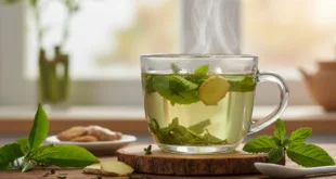 Taza de té verde humeante con hojas naturales destacando sus propiedades saludables