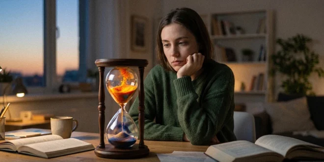 Persona mirando un reloj de arena simbolizando la desregulación de ritmos biológicos en el trastorno bipolar