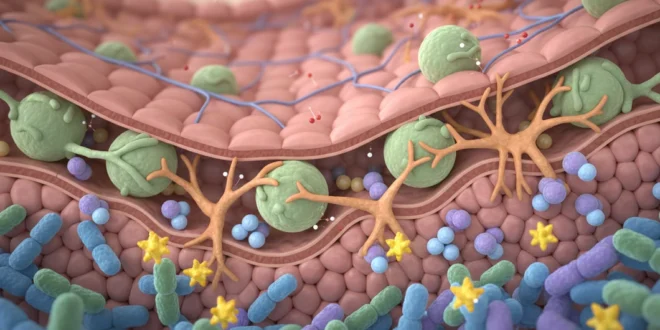 Representación del sistema inmune interactuando con bacterias intestinales y moléculas de vitamina D.