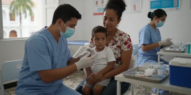 Personal médico aplicando vacuna contra el sarampión