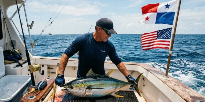 Pescador manipulando un ejemplar de atún aleta amarilla en alta mar