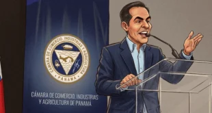 Caricatura de Aurelio Barría, presidente de la Cámara de Comercio de Panamá, durante una conferencia de negocios.
