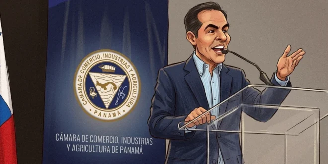 Caricatura de Aurelio Barría, presidente de la Cámara de Comercio de Panamá, durante una conferencia de negocios.