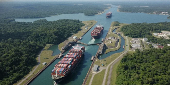 Vista aérea del Canal de Panamá con buques portacontenedores transitando