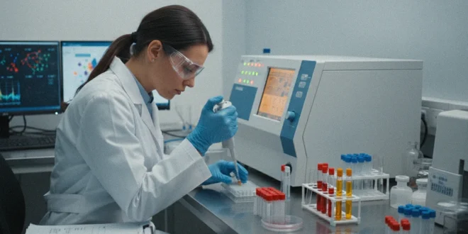 Especialista analizando perfil lipídico y marcadores inflamatorios en laboratorio