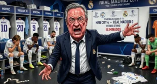 Caricatura de Florentino Pérez enojado en el vestuario del Real Madrid tras la eliminación de Champions