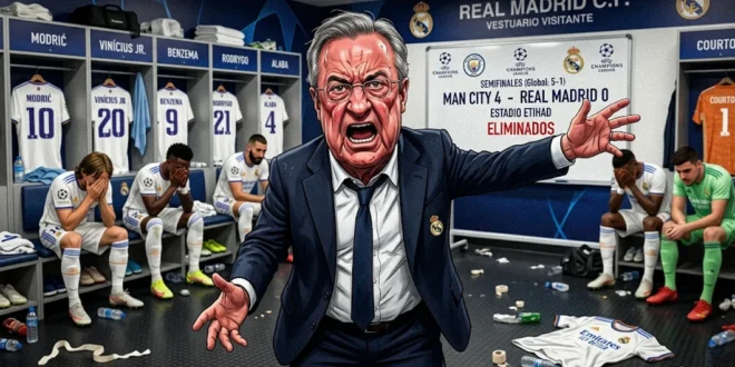 Caricatura de Florentino Pérez enojado en el vestuario del Real Madrid tras la eliminación de Champions