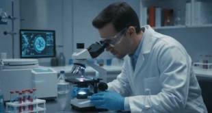 Médico analizando una muestra de sangre para detección de Alzheimer en laboratorio