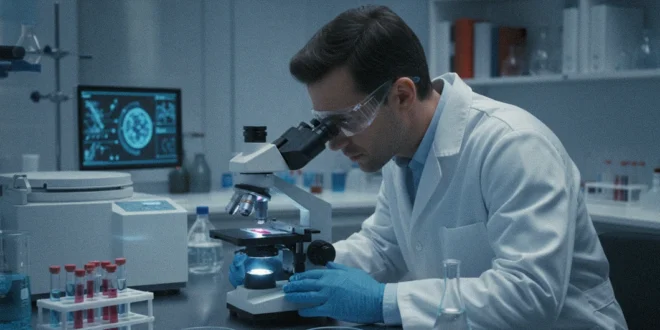 Médico analizando una muestra de sangre para detección de Alzheimer en laboratorio