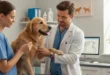 Veterinario realizando un chequeo médico amable a un perro en su consultorio