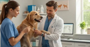 Veterinario realizando un chequeo médico amable a un perro en su consultorio