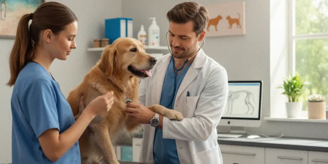 Veterinario realizando un chequeo médico amable a un perro en su consultorio