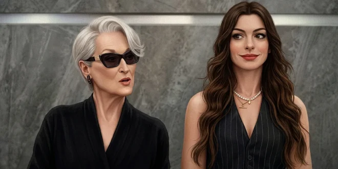 Meryl Streep y Anne Hathaway en el set de rodaje de la secuela de El diablo viste a la moda 2