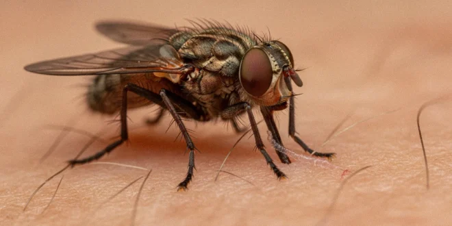 Primer plano de una mosca tsetsé sobre piel humana transmitiendo el parásito de la enfermedad del sueño