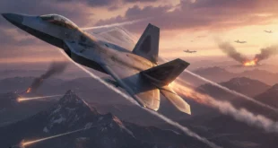 Avión militar de Estados Unidos realizando maniobras de combate en espacio aéreo hostil