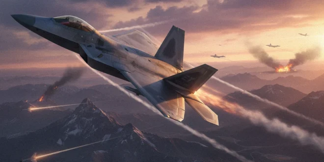 Avión militar de Estados Unidos realizando maniobras de combate en espacio aéreo hostil