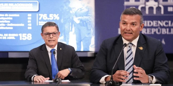 Ministro de Seguridad Frank Ábrego en compañía del director de la Policía Nacional (PN), Jaime Fernández, en conferencia de prensa sobre operativos